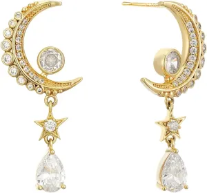 Gold Moon Star Earring for Women Trendy 14K Gold Plated Dangle Drop Earrings with Sparkly 5A CZ Elegant Chic Statement Stud Earrings with Teardrop Dangles