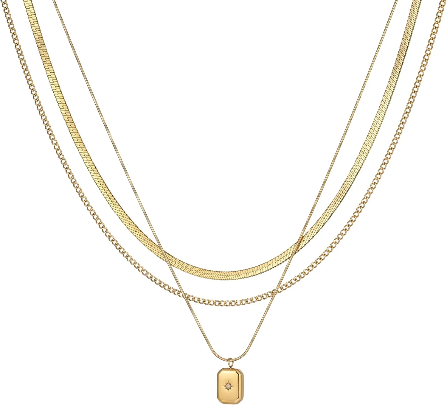 Gold Necklaces for Women, 14K Gold Plated Layered Stackable Stack Chain Necklace Diamond Circle CZ Layering Pendant Necklaces Trendy Jewelry Set Gifts