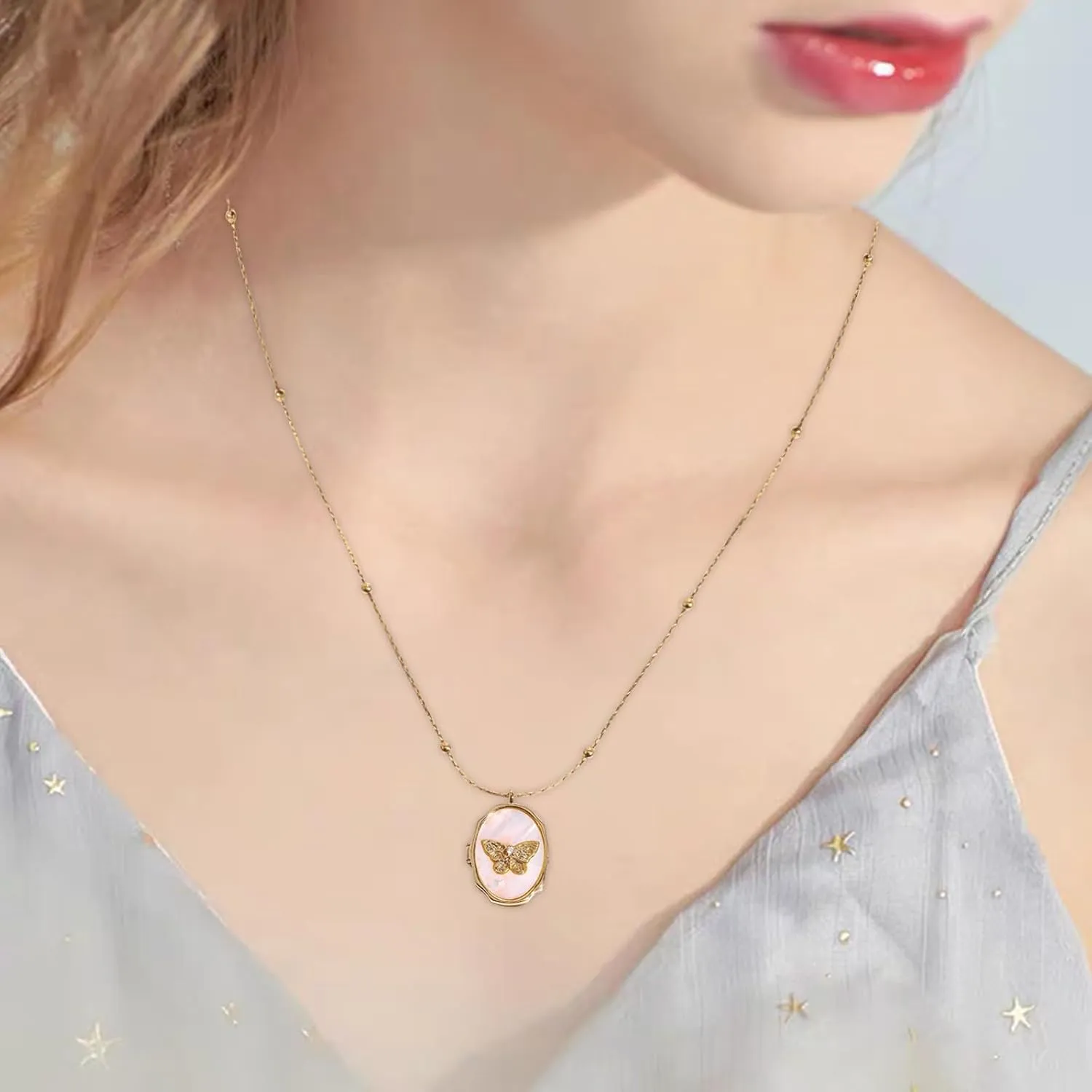 Gold Pendant Necklace for Women, Dainty Butterfly Album Picture Frame Necklace Gold Jewelry for Women Ladies Teen Girls Gifts