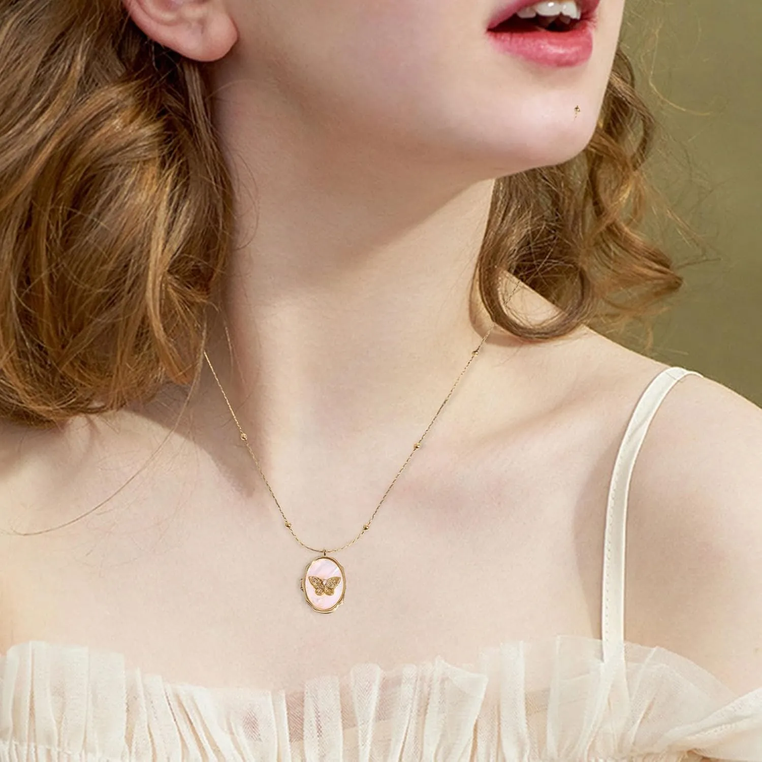 Gold Pendant Necklace for Women, Dainty Butterfly Album Picture Frame Necklace Gold Jewelry for Women Ladies Teen Girls Gifts