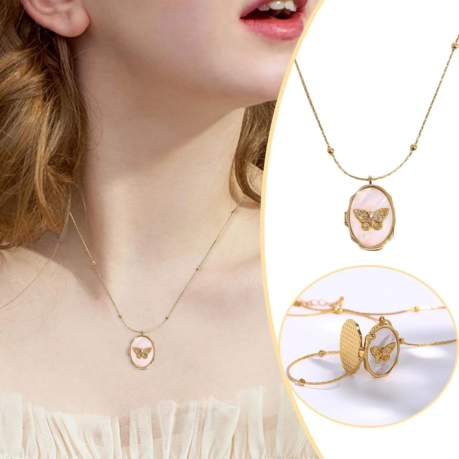 Gold Pendant Necklace for Women, Dainty Butterfly Album Picture Frame Necklace Gold Jewelry for Women Ladies Teen Girls Gifts