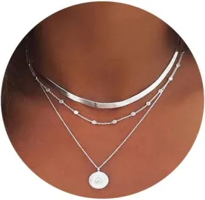 Gold Plated Layered Necklace for Woman Choker,Gold/Silver Dainty Necklaces Beaded Chains Pendant Snake Chain Herringbone Paperclip Necklace
