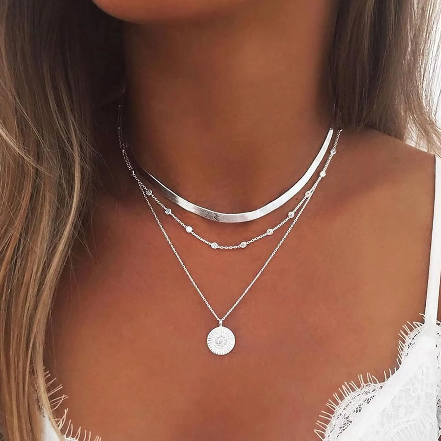Gold Plated Layered Necklace for Woman Choker,Gold/Silver Dainty Necklaces Beaded Chains Pendant Snake Chain Herringbone Paperclip Necklace