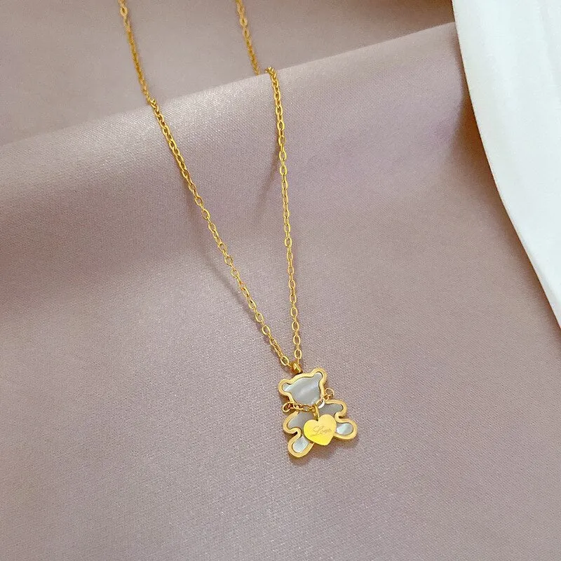 Gold Plated  Natural Shells Cute Bear Pendant Neckalce For Women