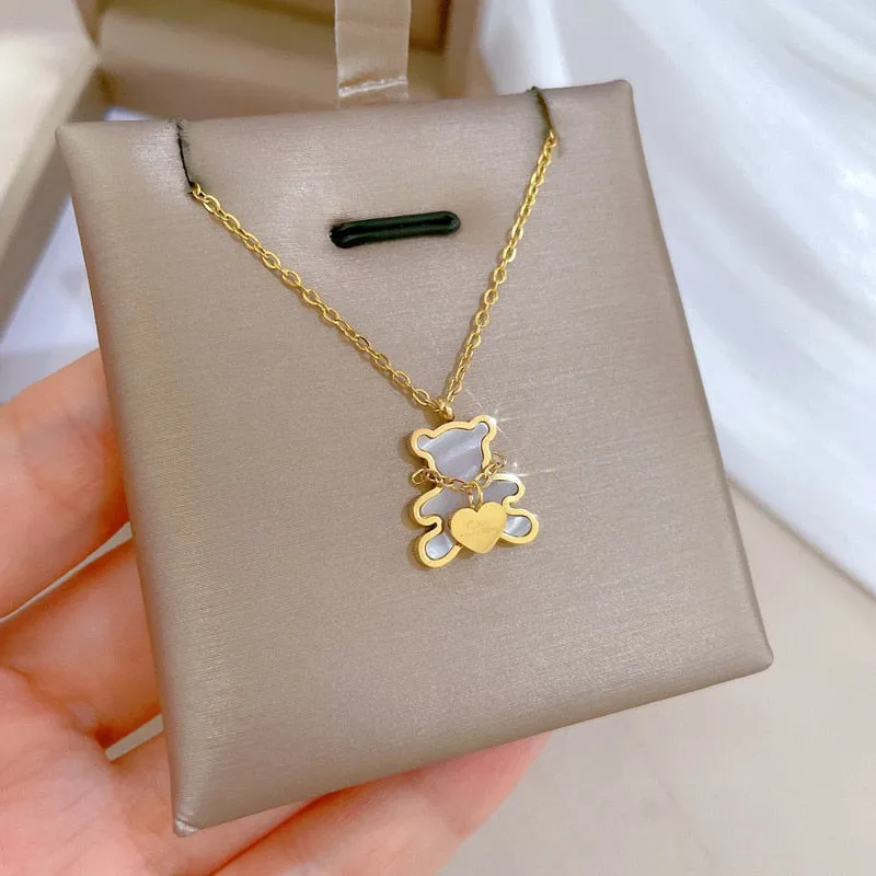 Gold Plated  Natural Shells Cute Bear Pendant Neckalce For Women