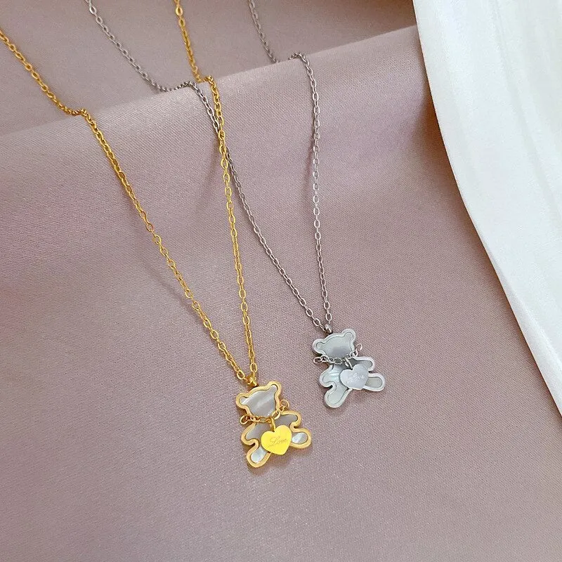 Gold Plated  Natural Shells Cute Bear Pendant Neckalce For Women