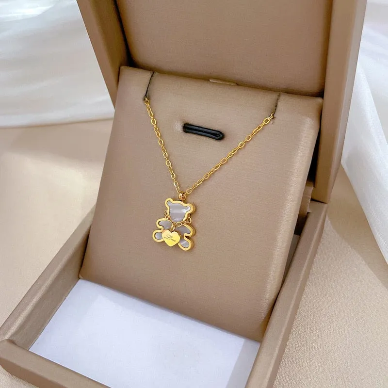Gold Plated  Natural Shells Cute Bear Pendant Neckalce For Women