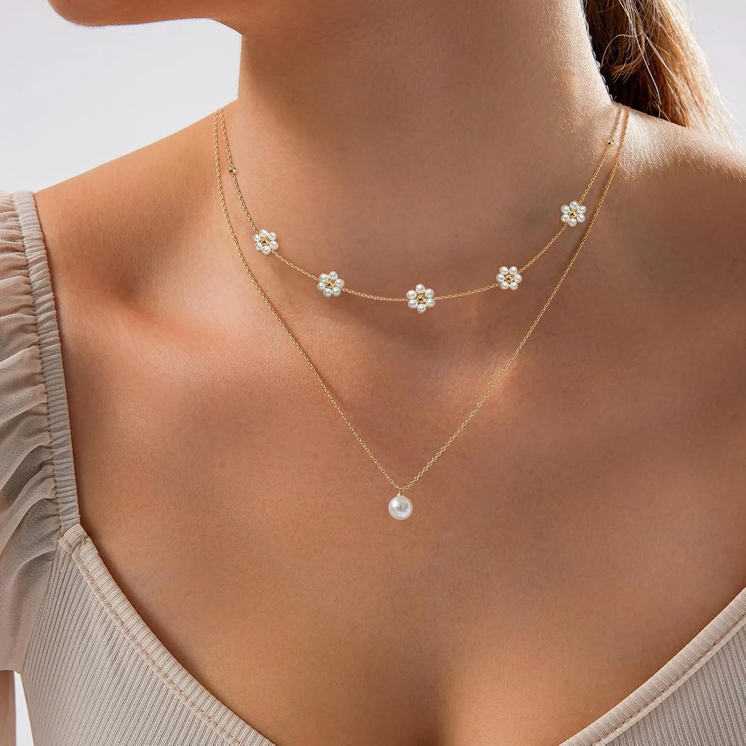 Gold Plated Pearl Layered Choker Necklace for Women Dainty Gold Necklace for Women as Daisy Flower Trendy Necklace Cute Pearl Stack Non Tarnish Jewelry Gifts