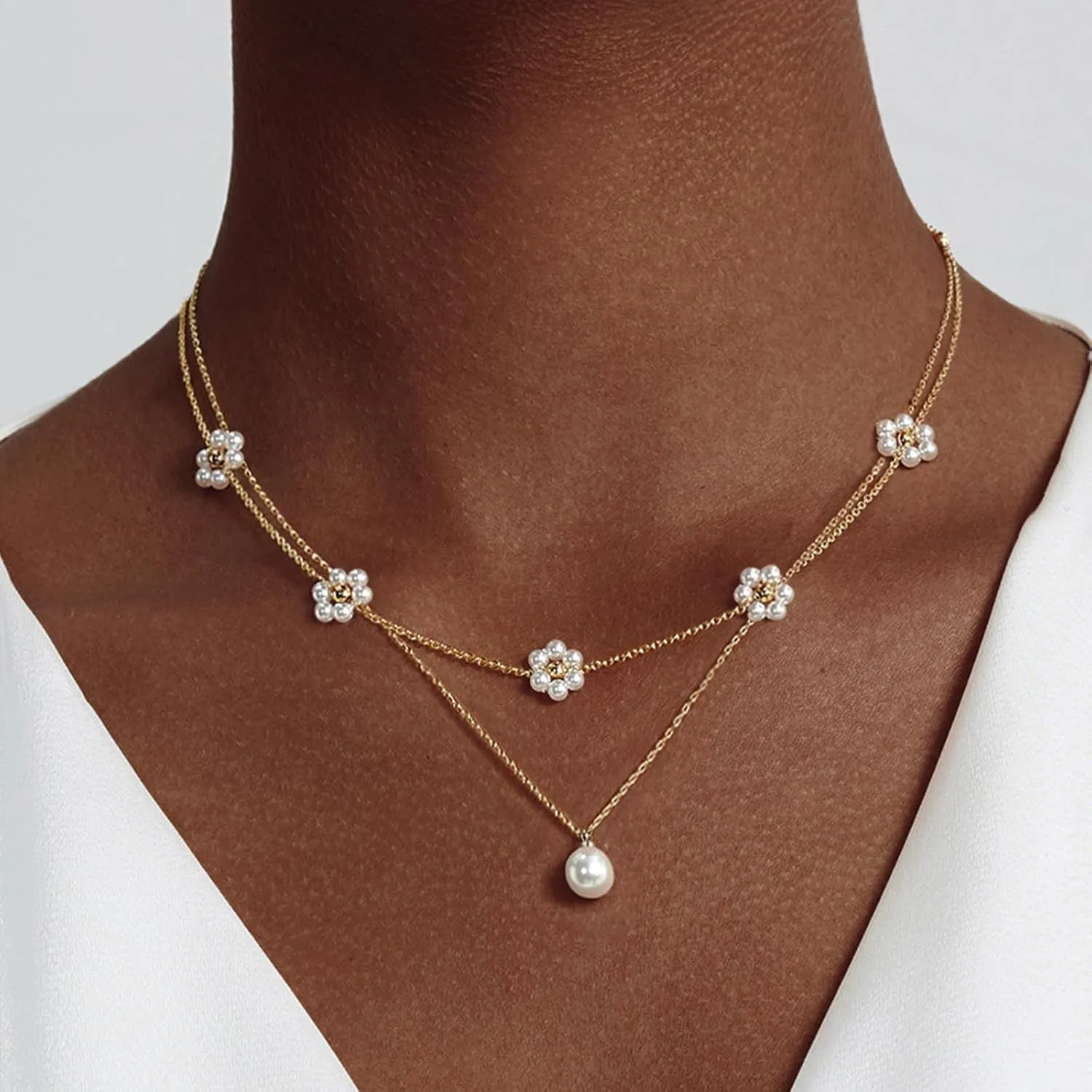 Gold Plated Pearl Layered Choker Necklace for Women Dainty Gold Necklace for Women as Daisy Flower Trendy Necklace Cute Pearl Stack Non Tarnish Jewelry Gifts