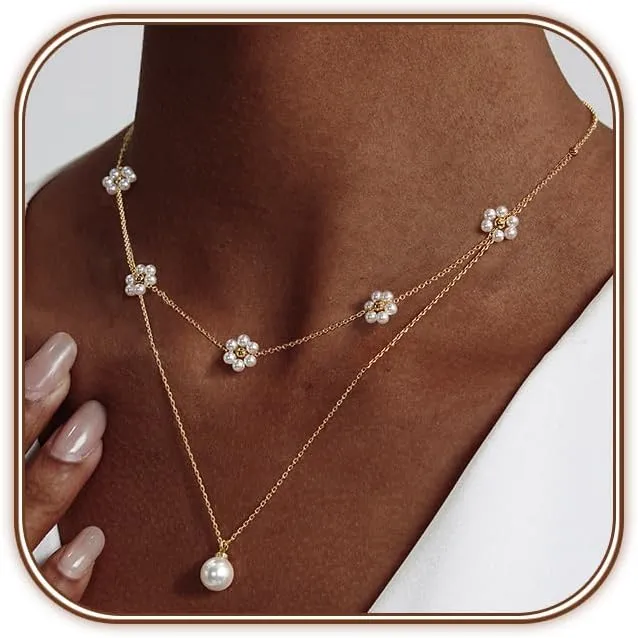 Gold Plated Pearl Layered Choker Necklace for Women Dainty Gold Necklace for Women as Daisy Flower Trendy Necklace Cute Pearl Stack Non Tarnish Jewelry Gifts