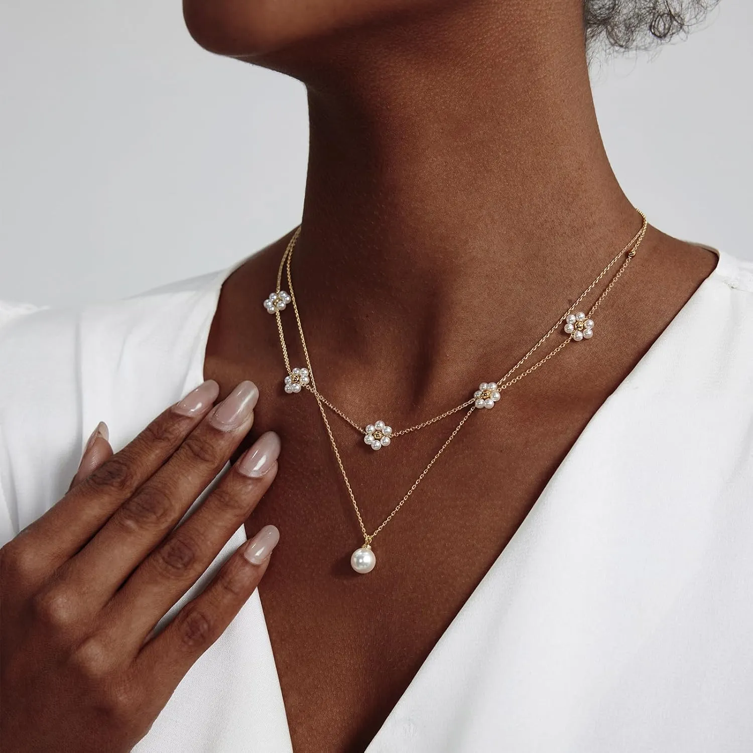 Gold Plated Pearl Layered Choker Necklace for Women Dainty Gold Necklace for Women as Daisy Flower Trendy Necklace Cute Pearl Stack Non Tarnish Jewelry Gifts