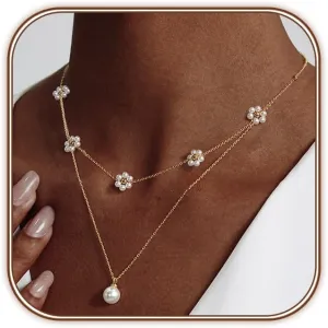 Gold Plated Pearl Layered Choker Necklace for Women Dainty Gold Necklace for Women as Daisy Flower Trendy Necklace Cute Pearl Stack Non Tarnish Jewelry Gifts