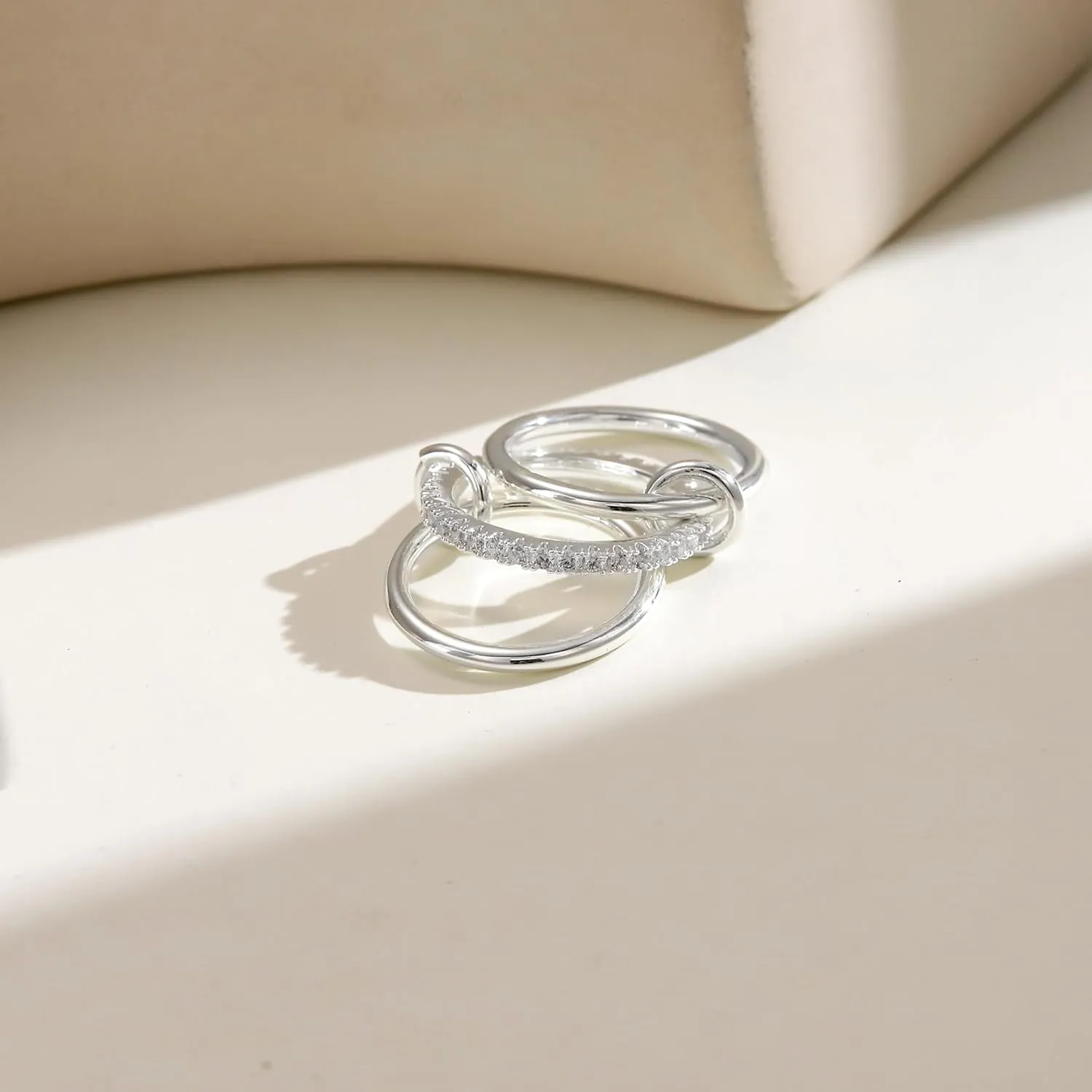 Gold Rings for Women Non Tarnish, 14k Gold Plated Interlocked Stackable Rings Set, Two-Toned Mixed Metals Multi Connected Bands Cubic Zirconia Rings for Women