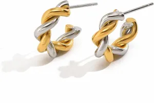 Gold Silver Two Tone Braid Small Stud Earrings Minimalist Lightweight Chic Trendy Fashion 18K Gold Plated Stainless Steel Piercing Earrings Unique Birthday Jewelry
