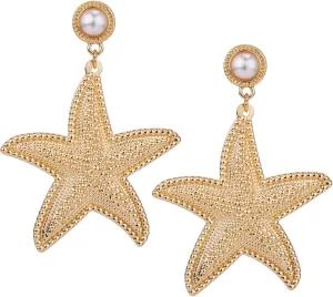 Gold Starfish Earrings, 1.89in Stylish Starfish Stubs Attractive Chic Ocean Earrings Appealing Star Stud Earrings Summer Beach Halloween Carnival Jewelry Gifts for Women Girls