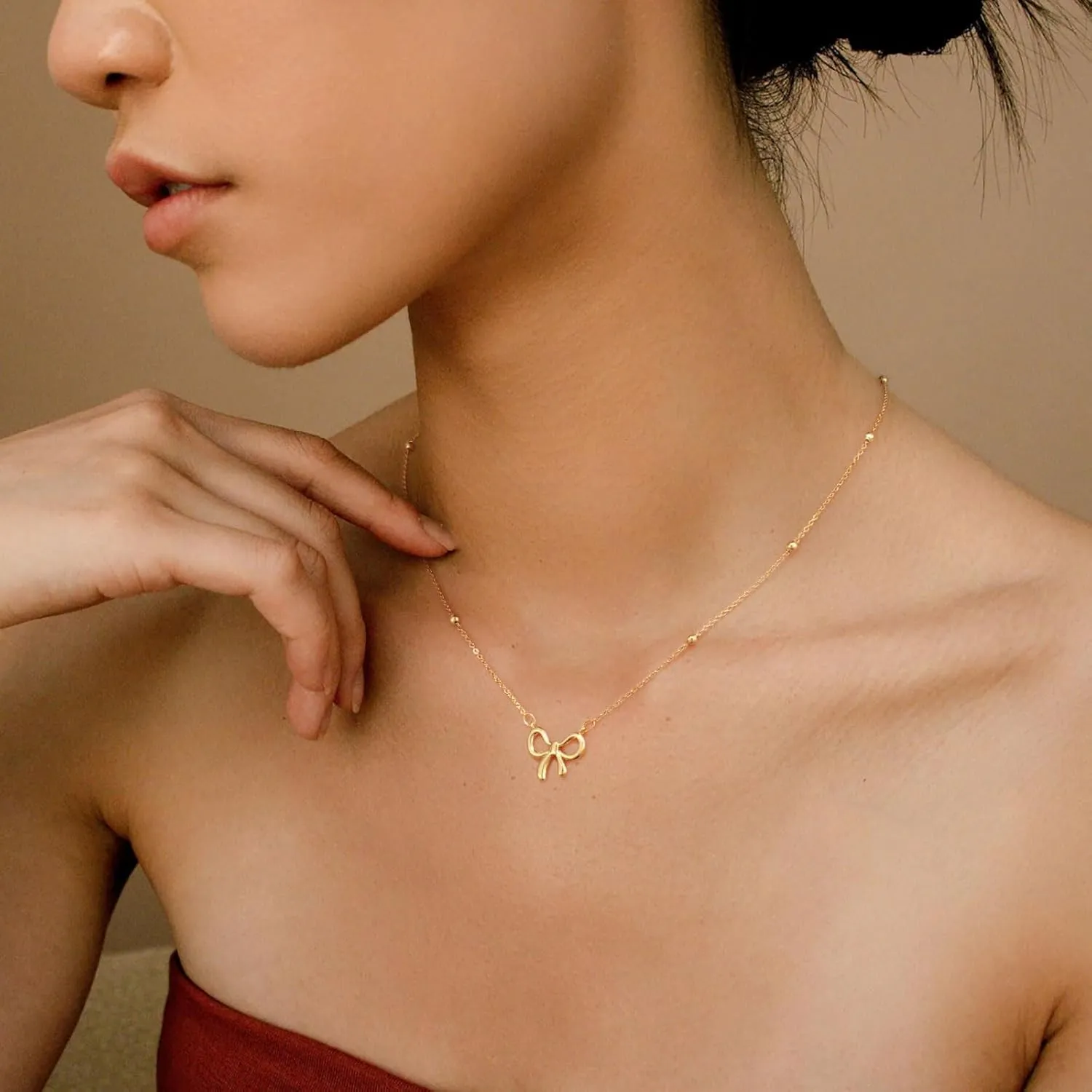 Gold/Silver Bow Necklace Dainty 14K Gold Plated Tiny Bow Pendant Pearl Beads Chain Choker Necklaces Trendy Jewelry Gift