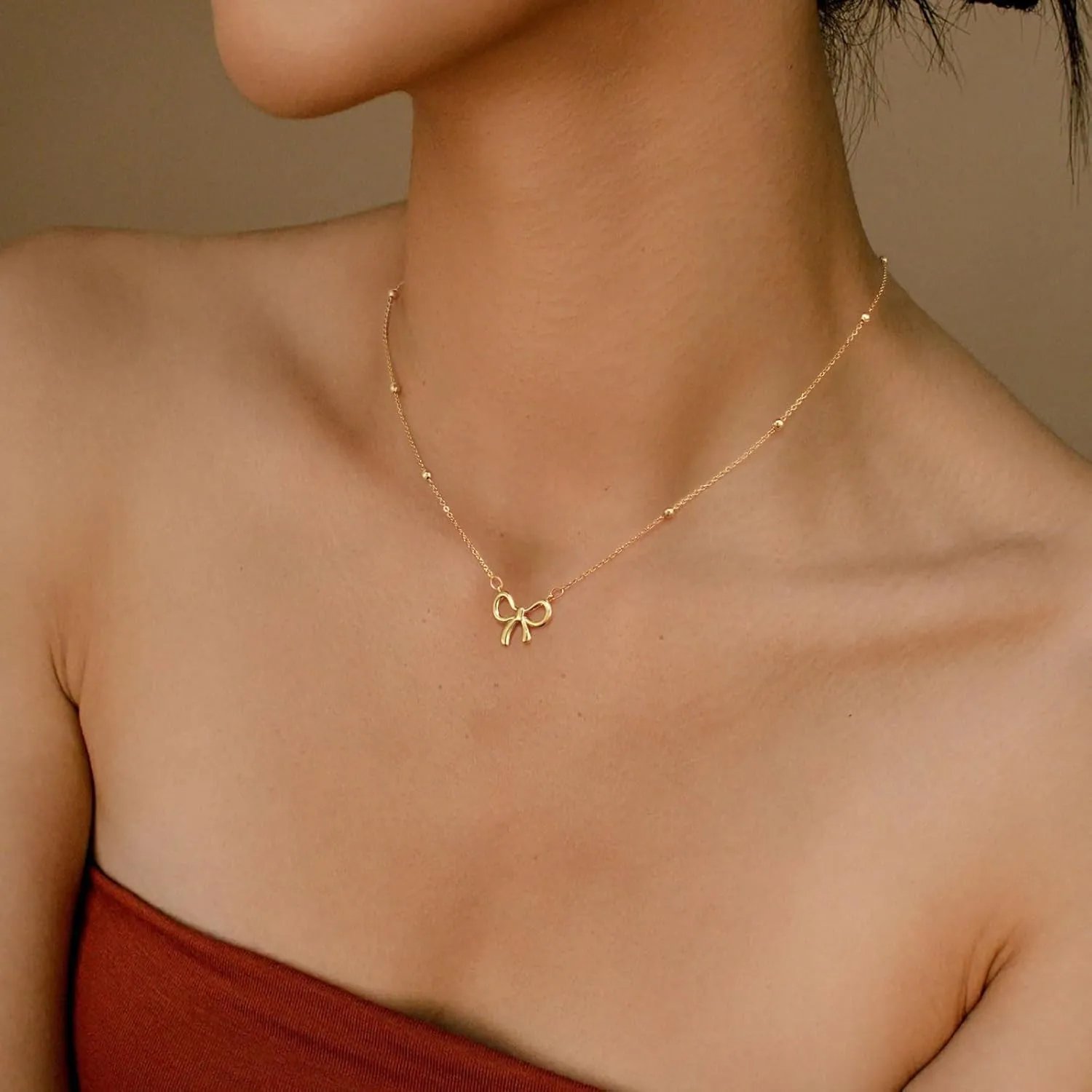 Gold/Silver Bow Necklace Dainty 14K Gold Plated Tiny Bow Pendant Pearl Beads Chain Choker Necklaces Trendy Jewelry Gift