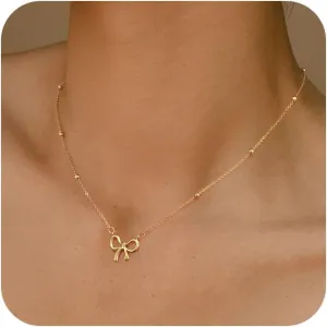 Gold/Silver Bow Necklace Dainty 14K Gold Plated Tiny Bow Pendant Pearl Beads Chain Choker Necklaces Trendy Jewelry Gift