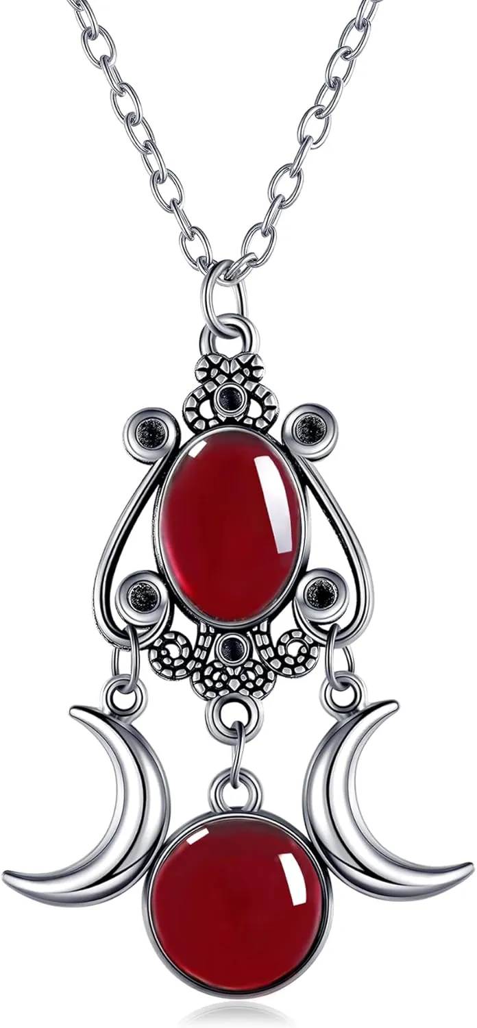 Gothic Moon Crystal Necklace Vintage Punk Black Crescent Necklace Red Statement Gothic Jewelry for Women Purple Halloween Costume Jewelry