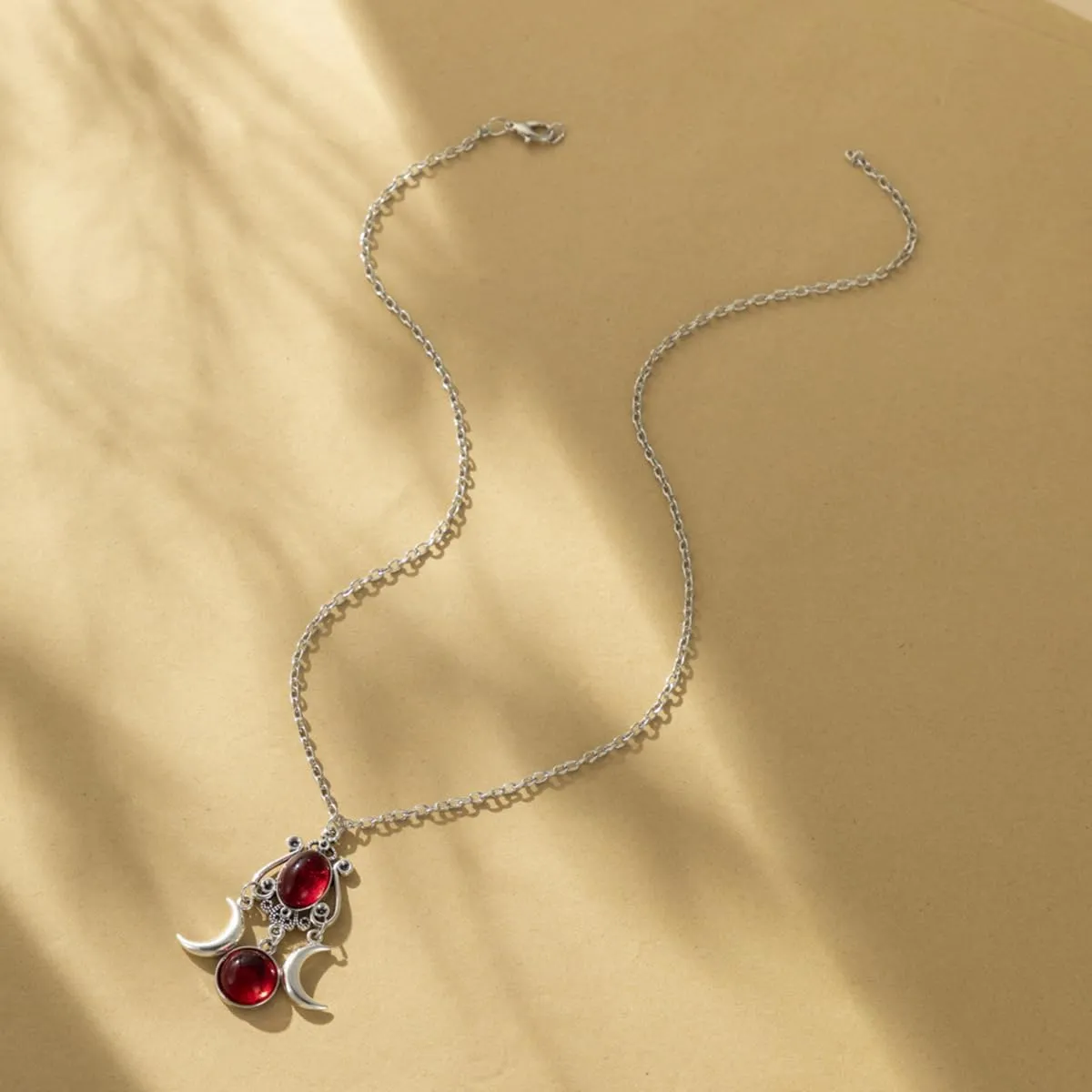 Gothic Moon Crystal Necklace Vintage Punk Black Crescent Necklace Red Statement Gothic Jewelry for Women Purple Halloween Costume Jewelry