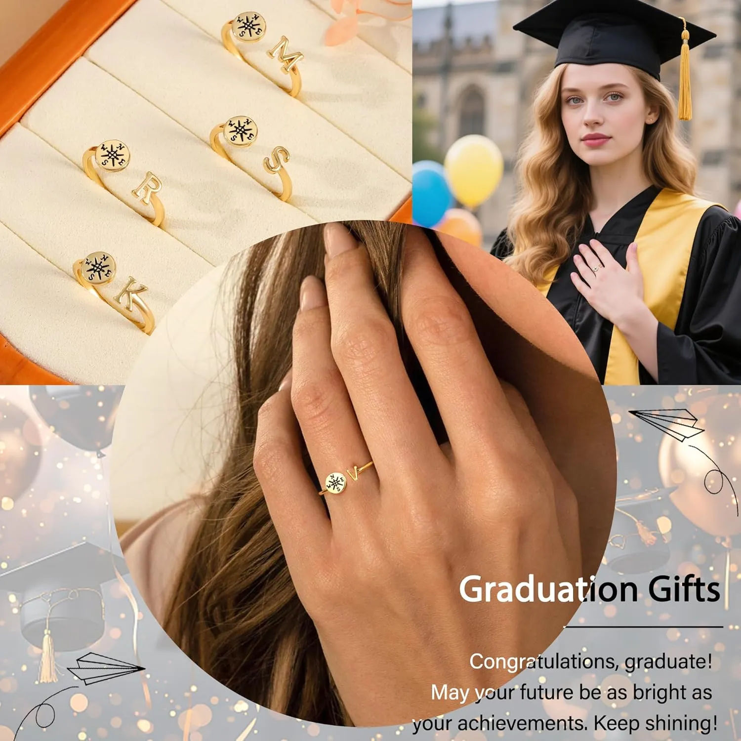 Graduation Gifts for Her, Graduation Gifts Class of 2025 Gift Initial Ring Gold Rings for Women with Letter A-Z High School College Senior Middle Masters Degree Phd Graduate Gift for Daughter Nurse Granddaughter