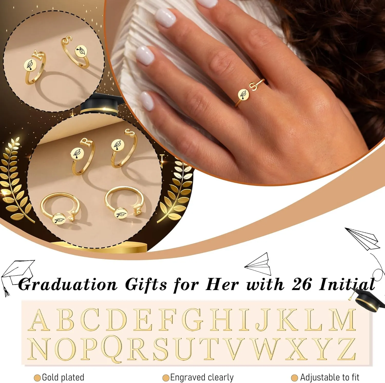 Graduation Gifts for Her, Graduation Gifts Class of 2025 Gift Initial Ring Gold Rings for Women with Letter A-Z High School College Senior Middle Masters Degree Phd Graduate Gift for Daughter Nurse Granddaughter