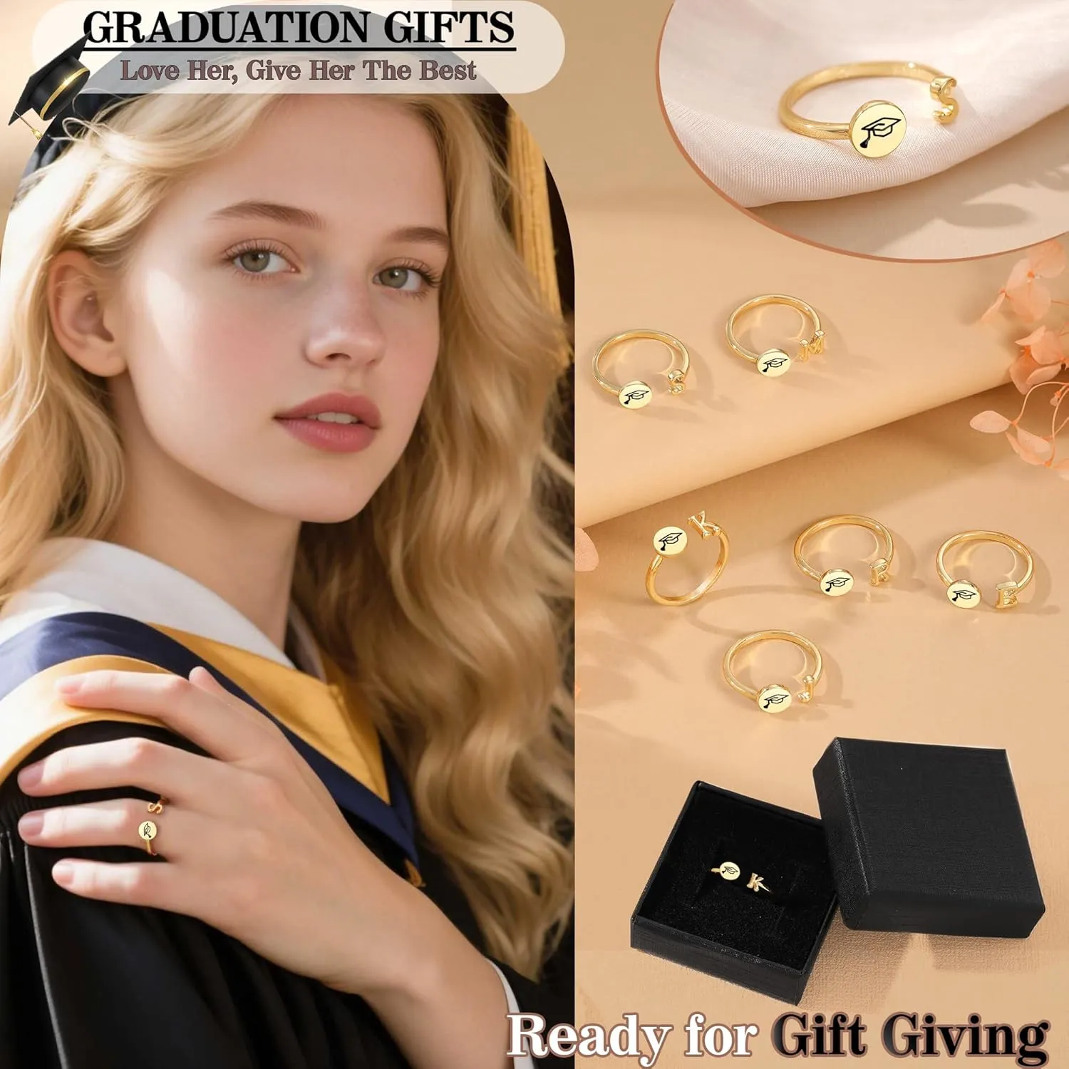 Graduation Gifts for Her, Graduation Gifts Class of 2025 Gift Initial Ring Gold Rings for Women with Letter A-Z High School College Senior Middle Masters Degree Phd Graduate Gift for Daughter Nurse Granddaughter