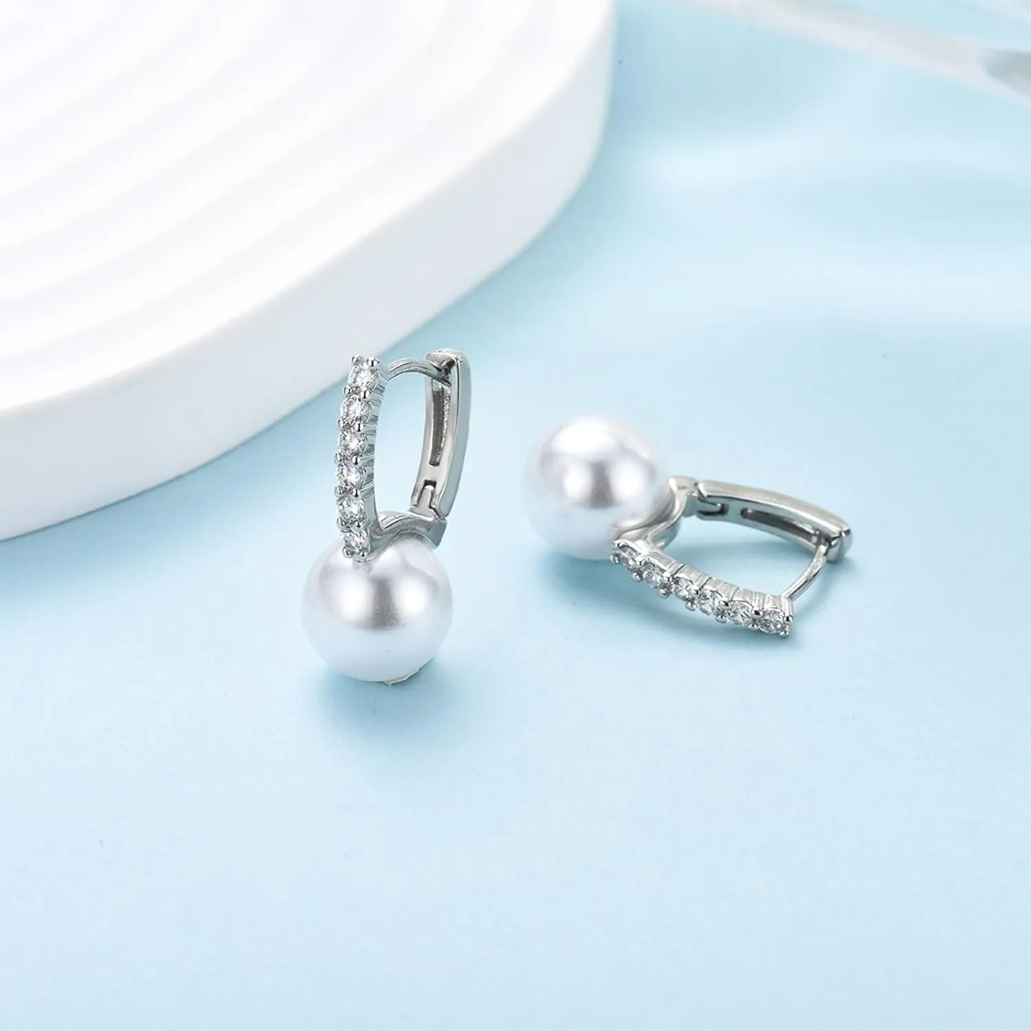 GULICX Pearl Earrings for Women, 925 Sterling Silver Post Pearl Huggie Hoop Earrings Drop Earrings Elegant Wedding Jewelry Gifts