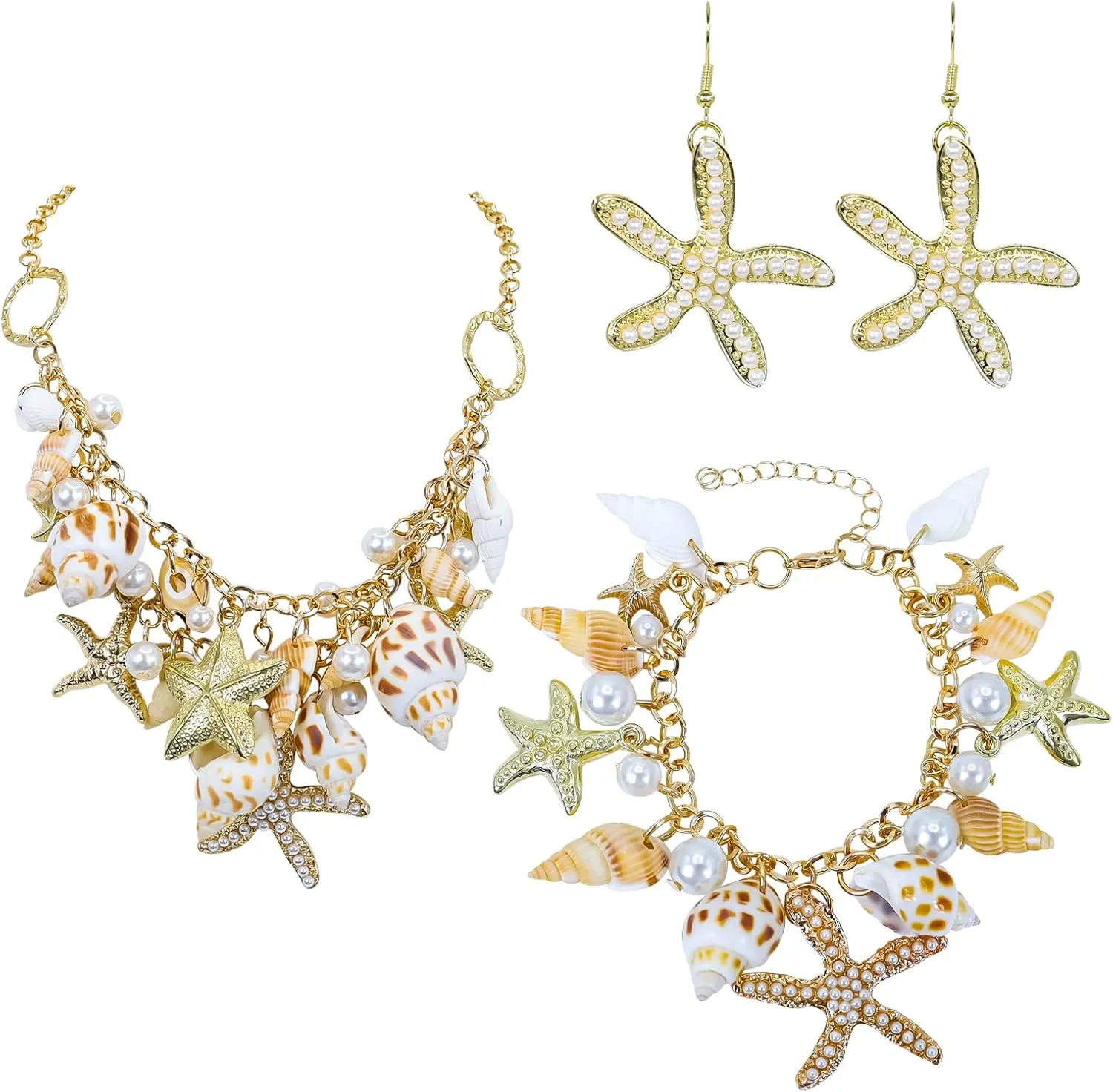 Halawly Shell Necklace Choker Mermaid Tail Necklace - Fashion Sea Shell Starfish Faux Pearl Collar Bib Statement Chunky Necklace Pendant