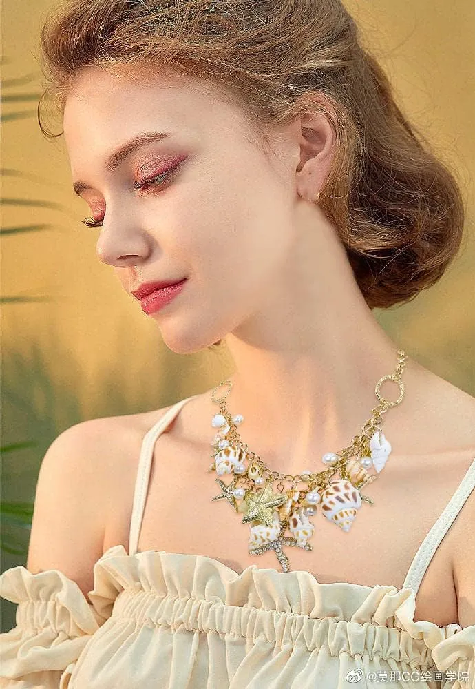 Halawly Shell Necklace Choker Mermaid Tail Necklace - Fashion Sea Shell Starfish Faux Pearl Collar Bib Statement Chunky Necklace Pendant