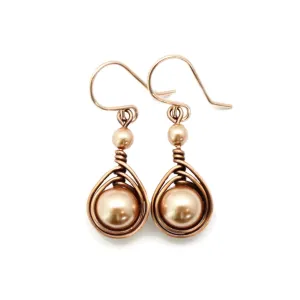 Handcrafted Copper Earrings with Simulated Pearl and Rose Gold-filled Ear wires (Antiqued Copper, 1" drop, Rose Gold)