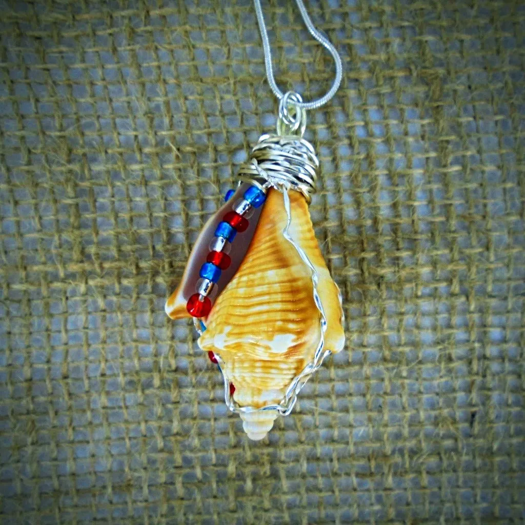 Handcrafted Fighting Conch Shell Pendant - Silver Wire Wrapped with Patriotic Glass Beads