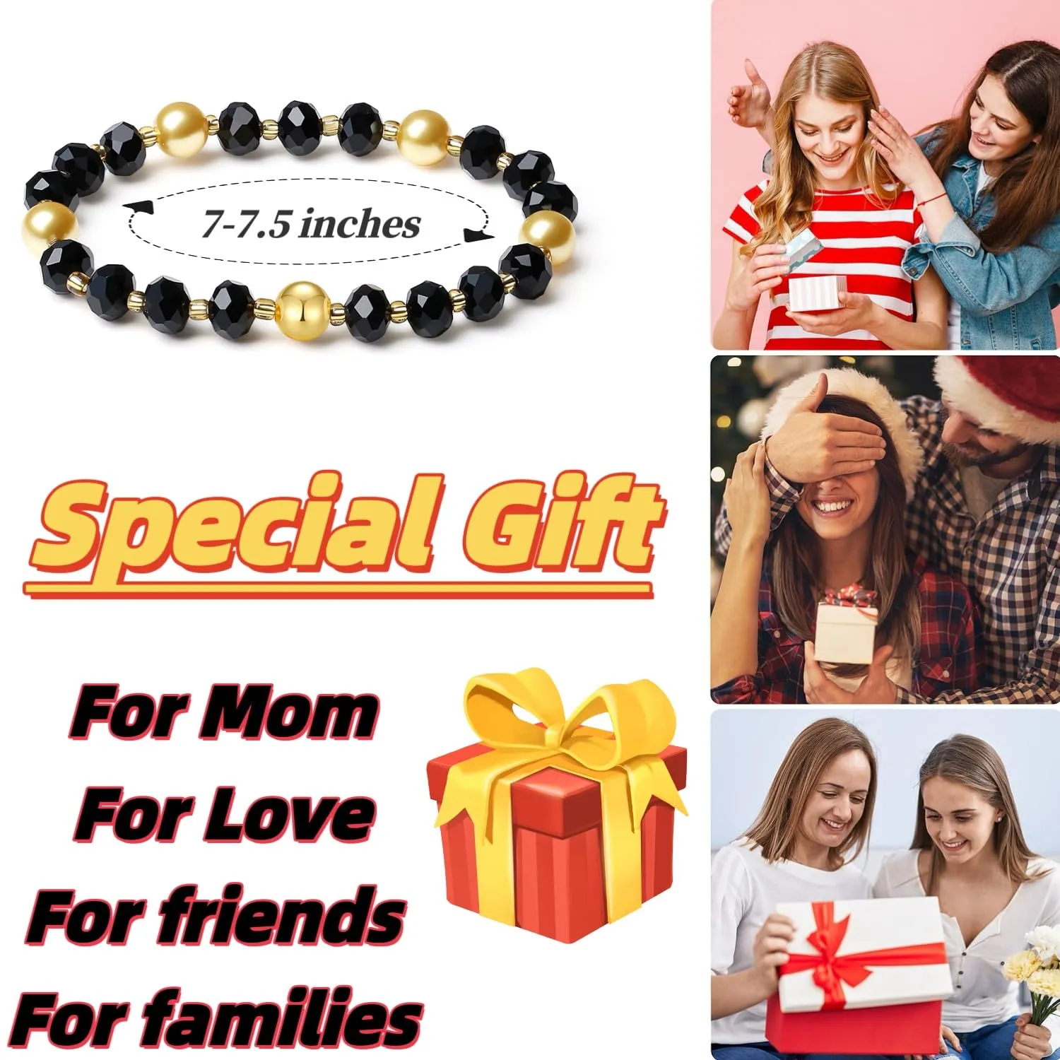 Handmade DIY Original Elastic Jewelry Bracelets with 10MM Gold South Sea Shell Pearl Blessing and 18K Ball Natural Crystal Bracelet - Mother's Day Gift (Black)