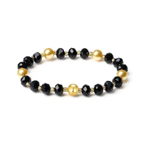 Handmade DIY Original Elastic Jewelry Bracelets with 10MM Gold South Sea Shell Pearl Blessing and 18K Ball Natural Crystal Bracelet - Mother's Day Gift (Black)