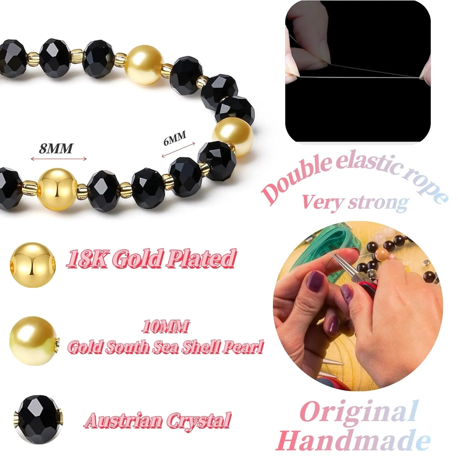 Handmade DIY Original Elastic Jewelry Bracelets with 10MM Gold South Sea Shell Pearl Blessing and 18K Ball Natural Crystal Bracelet - Mother's Day Gift (Black)