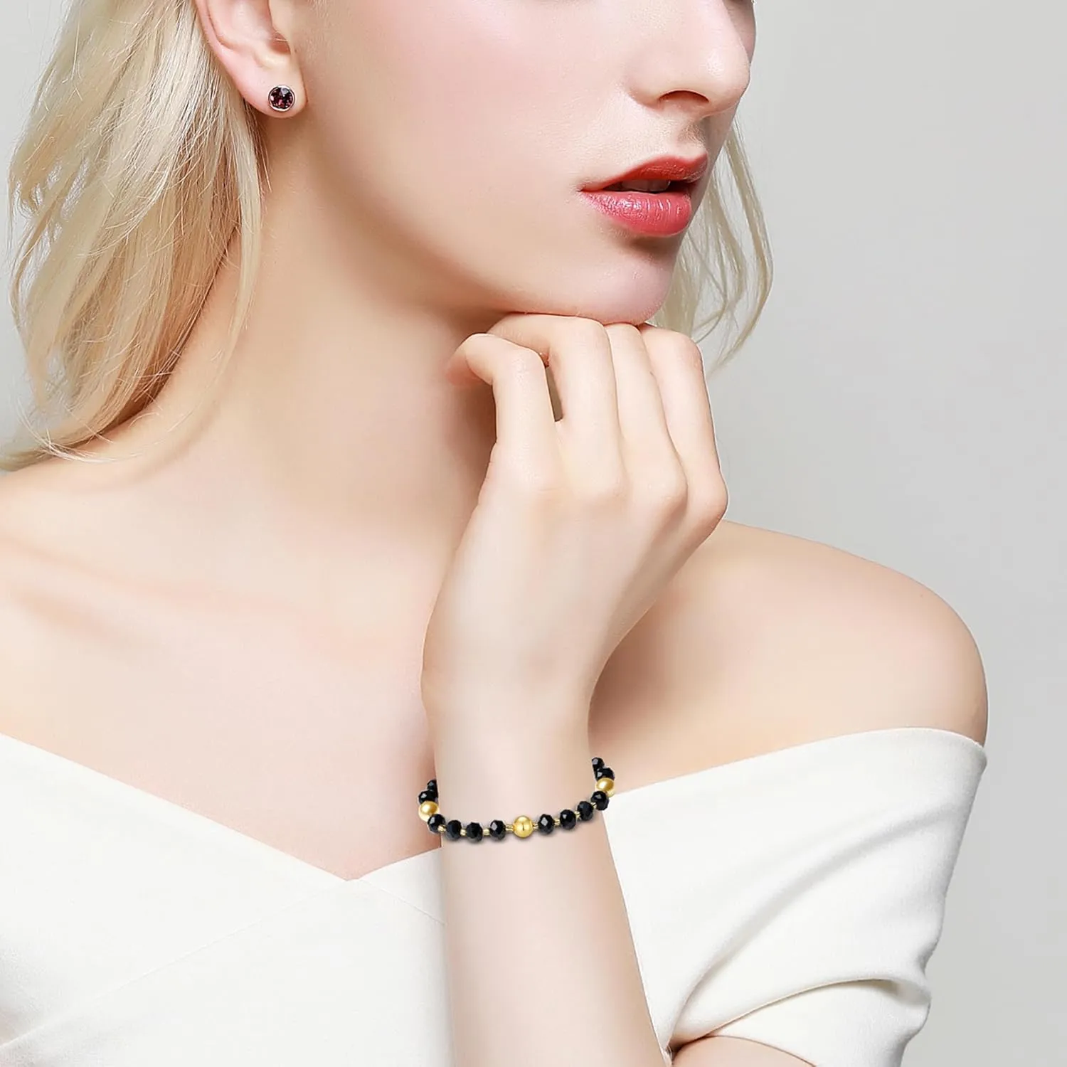 Handmade DIY Original Elastic Jewelry Bracelets with 10MM Gold South Sea Shell Pearl Blessing and 18K Ball Natural Crystal Bracelet - Mother's Day Gift (Black)