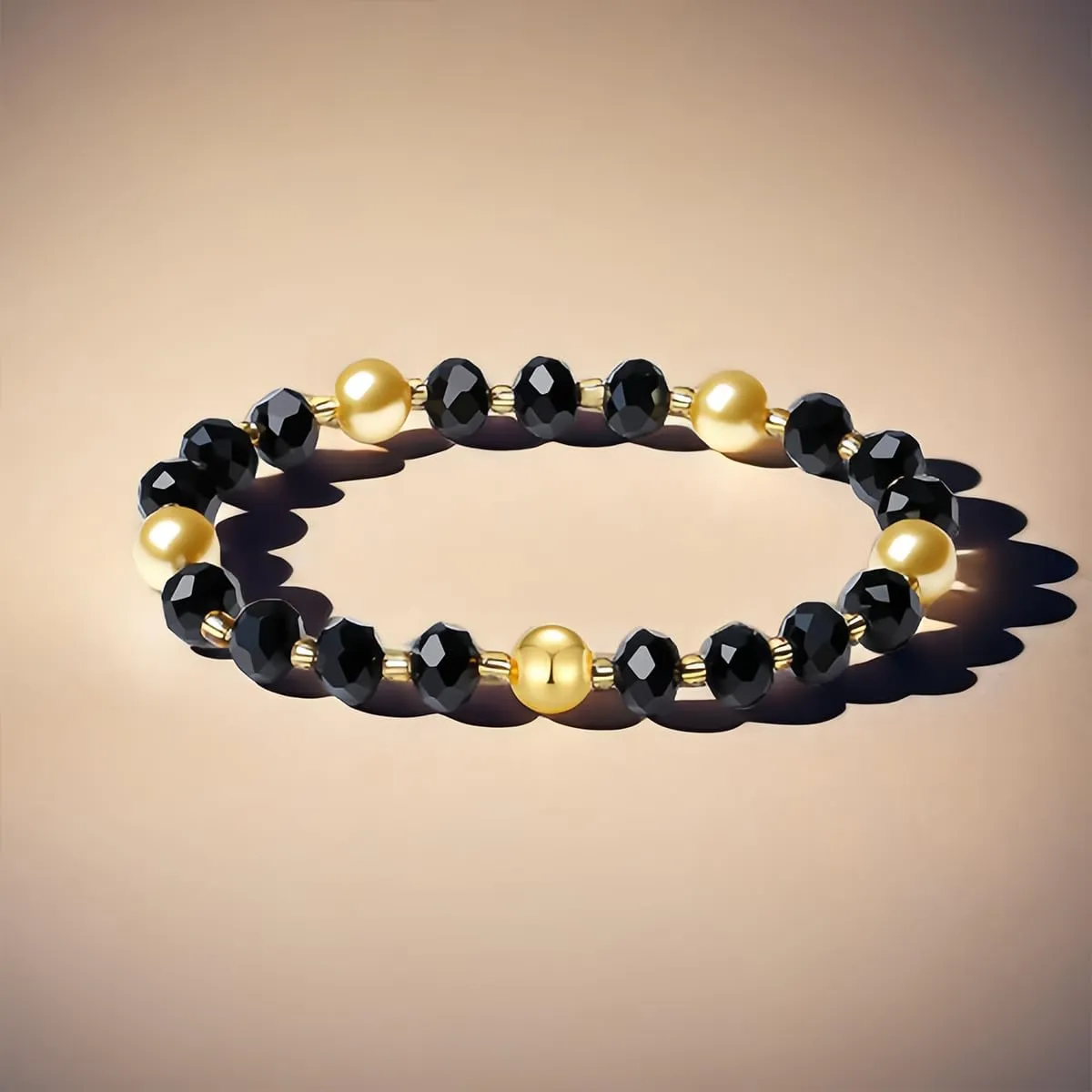 Handmade DIY Original Elastic Jewelry Bracelets with 10MM Gold South Sea Shell Pearl Blessing and 18K Ball Natural Crystal Bracelet - Mother's Day Gift (Black)