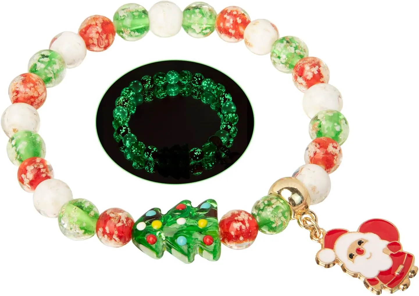 Handmade Firefly Christmas Beaded Bracelets - Green Red Xmas Tree Glass Beads Bracelet for Women Teens as Christmas Decorations Xmas Party Gifts