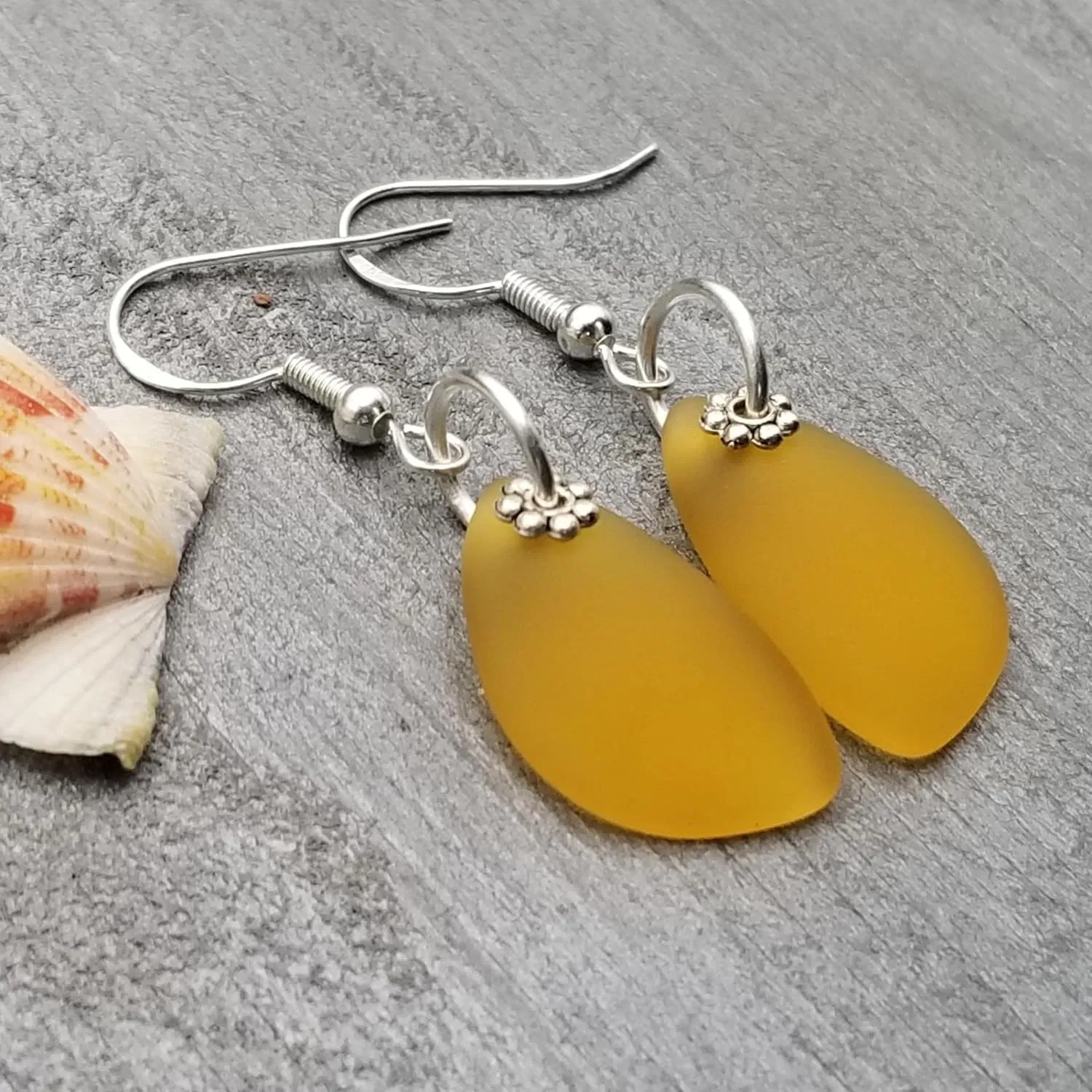 Handmade in Hawaii, Eclipse Sea Glass Earrings, Light Weight Minimalist Design, Unique Hawaii Birthday Gift (Yellow - November)