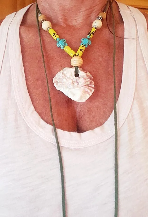 Handmade Long Green Faux Boho Style Necklace with Oyster Shell, Turquoise Howlite Turtle & Starfish Charm
