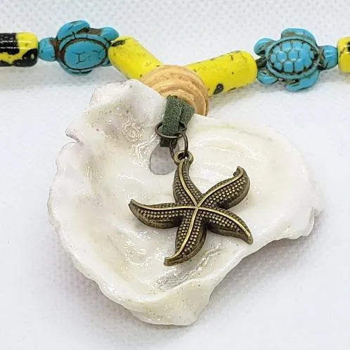 Handmade Long Green Faux Boho Style Necklace with Oyster Shell, Turquoise Howlite Turtle & Starfish Charm