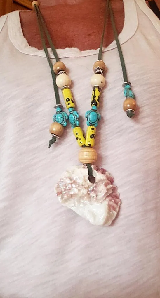 Handmade Long Green Faux Boho Style Necklace with Oyster Shell, Turquoise Howlite Turtle & Starfish Charm