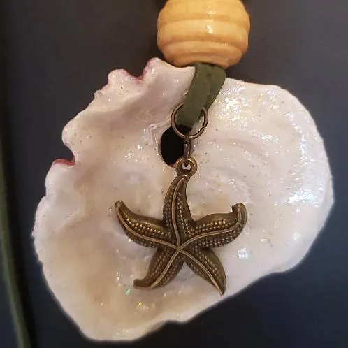 Handmade Long Green Faux Boho Style Necklace with Oyster Shell, Turquoise Howlite Turtle & Starfish Charm