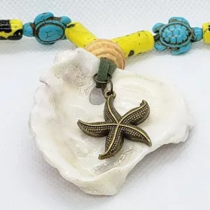 Handmade Long Green Faux Boho Style Necklace with Oyster Shell, Turquoise Howlite Turtle & Starfish Charm