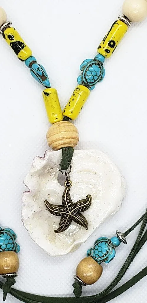 Handmade Long Green Faux Boho Style Necklace with Oyster Shell, Turquoise Howlite Turtle & Starfish Charm