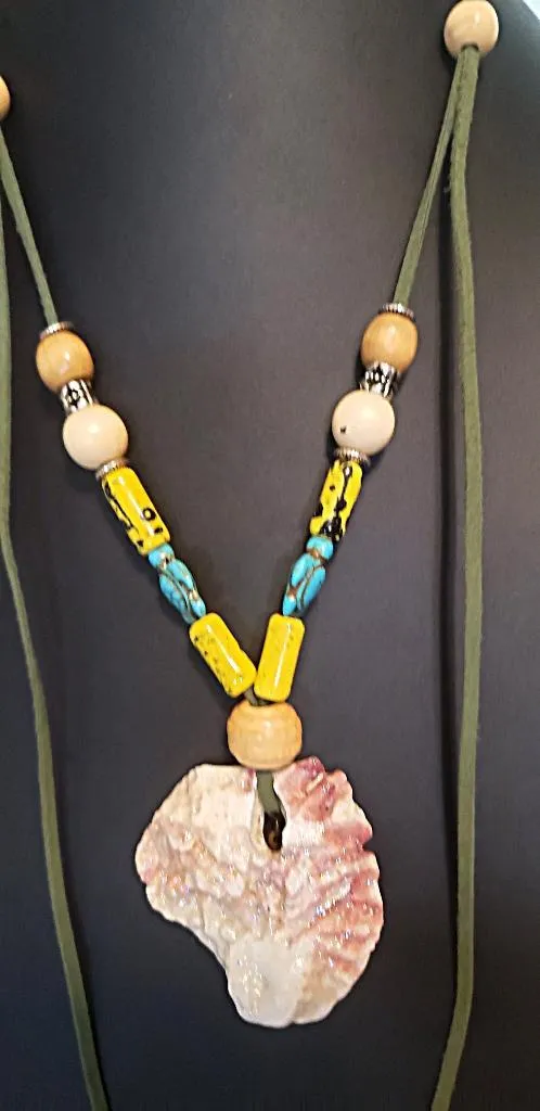 Handmade Long Green Faux Boho Style Necklace with Oyster Shell, Turquoise Howlite Turtle & Starfish Charm