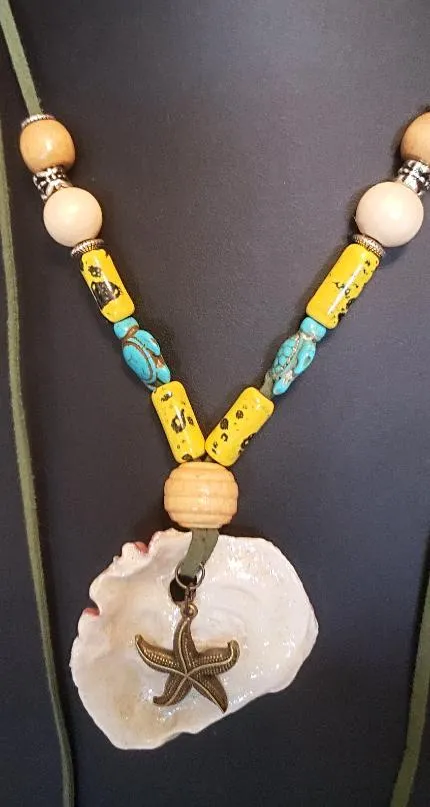 Handmade Long Green Faux Boho Style Necklace with Oyster Shell, Turquoise Howlite Turtle & Starfish Charm