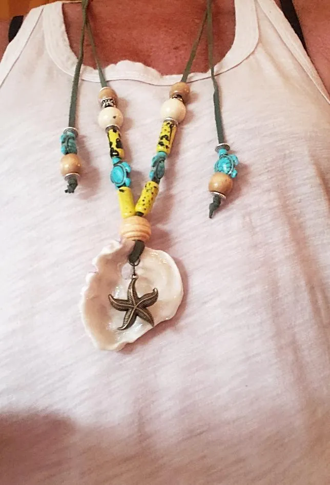 Handmade Long Green Faux Boho Style Necklace with Oyster Shell, Turquoise Howlite Turtle & Starfish Charm