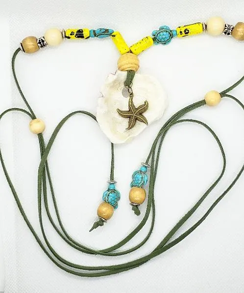 Handmade Long Green Faux Boho Style Necklace with Oyster Shell, Turquoise Howlite Turtle & Starfish Charm