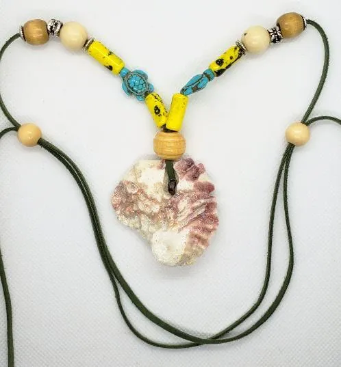Handmade Long Green Faux Boho Style Necklace with Oyster Shell, Turquoise Howlite Turtle & Starfish Charm